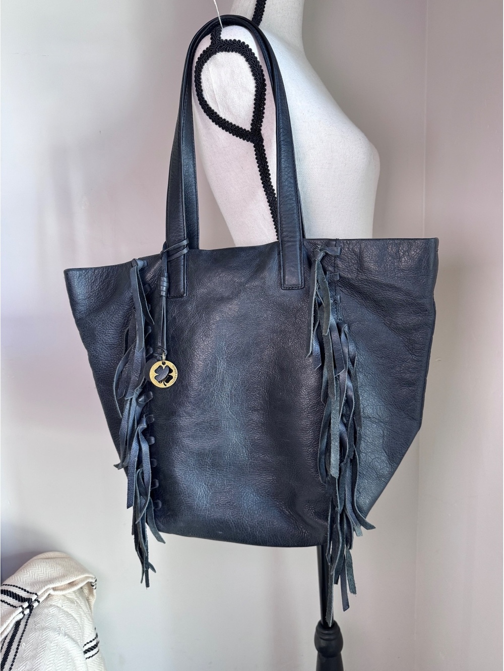 Lucky Brand Black Grained Leather Fringe Boho Tote Bag